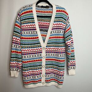 VTG LizSport Fair Isle 5 Button Cardigan Chunky Beaded Cottage Grandma Size SP